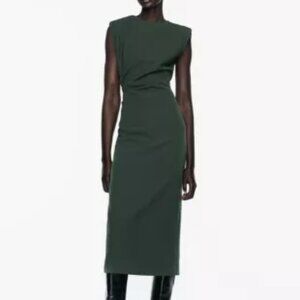 Zara Dark Green Draped Sleeveless Midi Dress - Size Medium